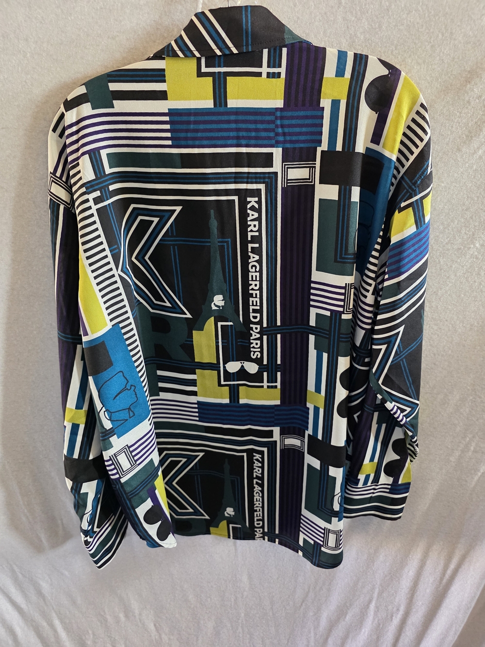 Karl Lagerfeld Black Blue Green Yellow Graphic Button-Down Shirt - Picture 4 of 4